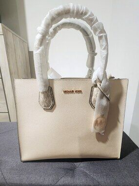 NWT Michael Kors Mercer Large Accordion Tote Cream Leather + MK Logo Sides